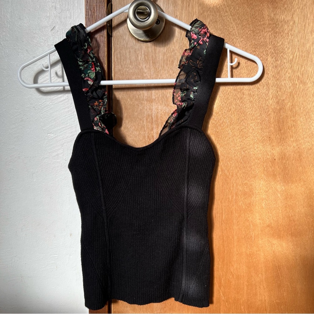Maeve by Anthropologie store. Black Sleeveless Top with Floral Straps, Knit